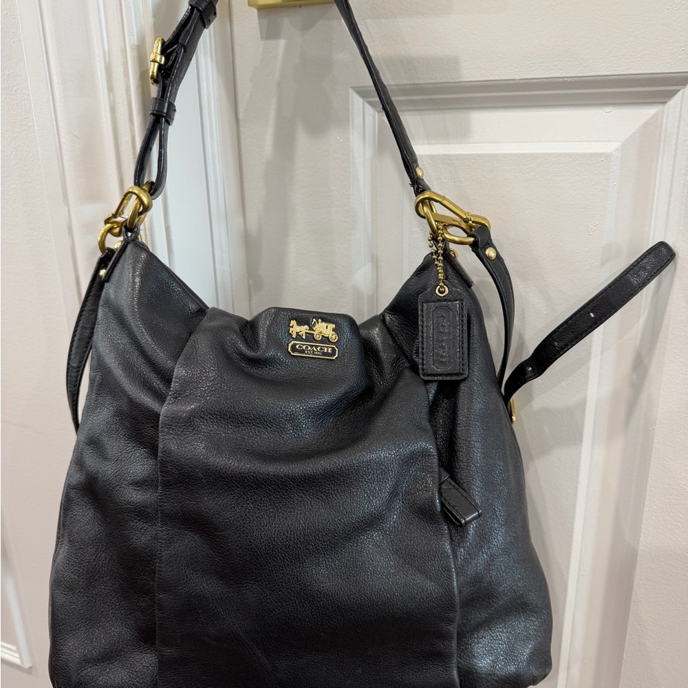Coach Madison Isabelle Black Pebbled Shoulder Bag with Gold Hardware